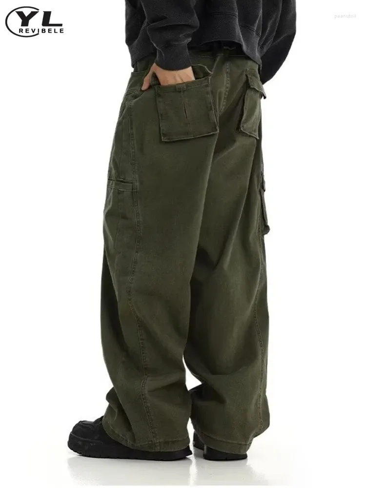 Mens Pants American Vintage Wide Leg Cargo Pant High Waist Solid Color Mtiple Pockets Jogging Spring Baggy Straight Trousers Drop Deli Otqex