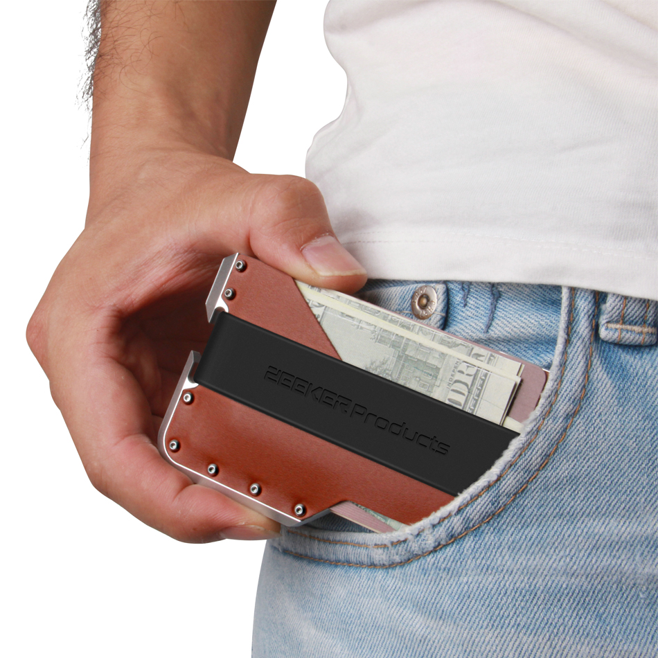 ZEEKER New Design Aluminum Metal RFID Blocking Credit Card Holder Genuine Leather Minimalist Card Wallet For Men
