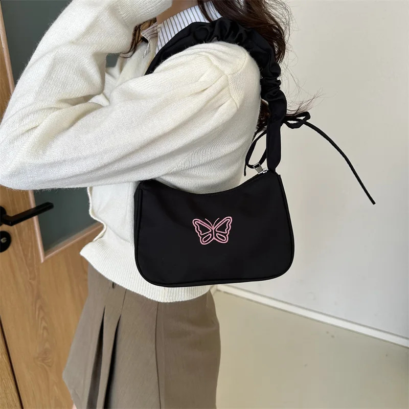 Embroidered Butterfly Shoulder Bag Vintage Y2k Pleated Handle Handbag Fashion Makeup lipstick 240802ZYl