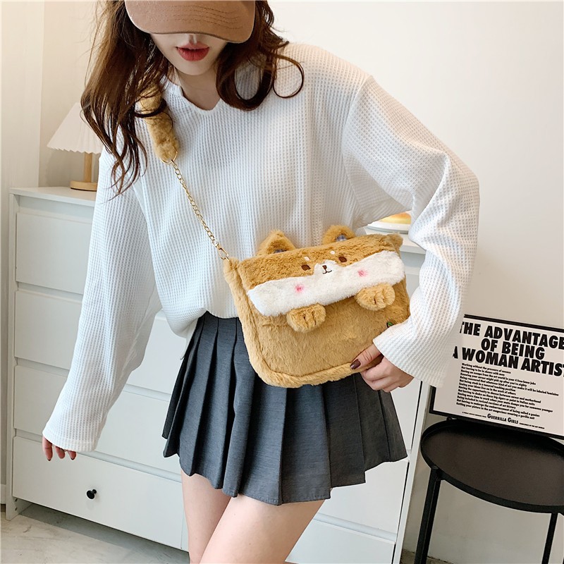 Fur Funny Small Bag Women New Cartoon Frog Messenger Bag Plush Doll Student Cute Girl ShoulderBag