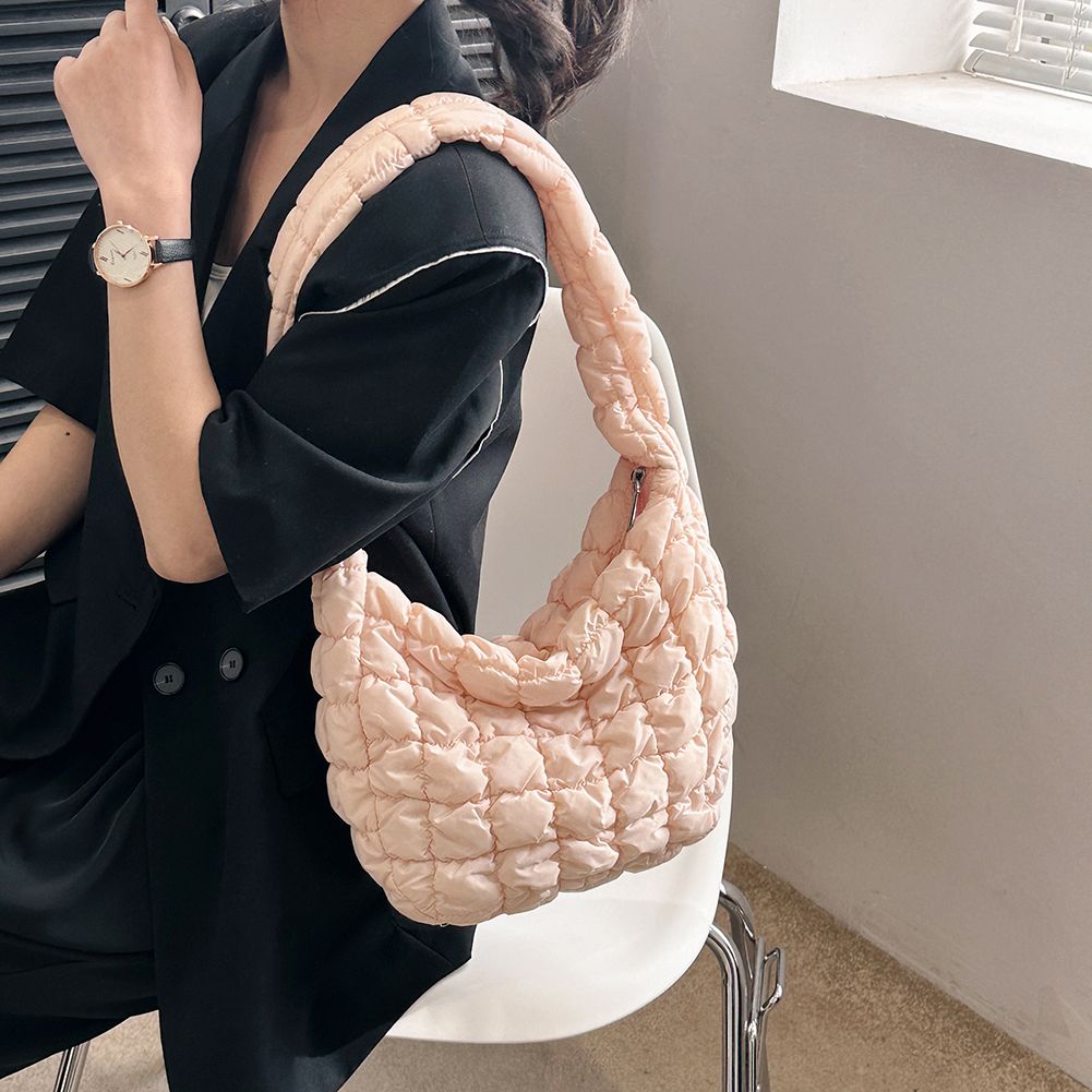 Women Plaid Quilted Crossbody Bag Ruched Solid Shoulder Bag Korean Pleated Bubble Embroidered Cotton Satchel Bags Underarm Bags