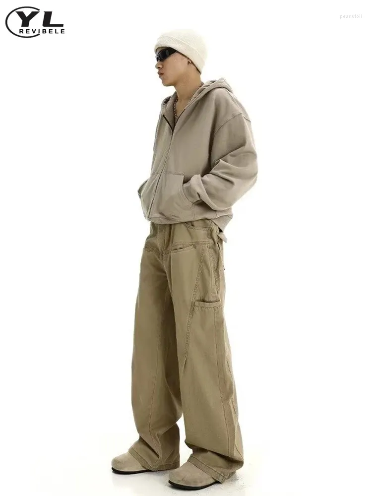 Mens Pants American Vintage Wide Leg Cargo Pant High Waist Solid Color Mtiple Pockets Jogging Spring Baggy Straight Trousers Drop Deli Otqex