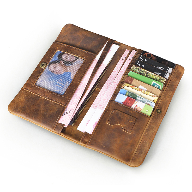 Original Real leather Retro Gift Long Business Card Holder Organizer Travel Chain Snap Wallet Purse For Men Male Design 1029