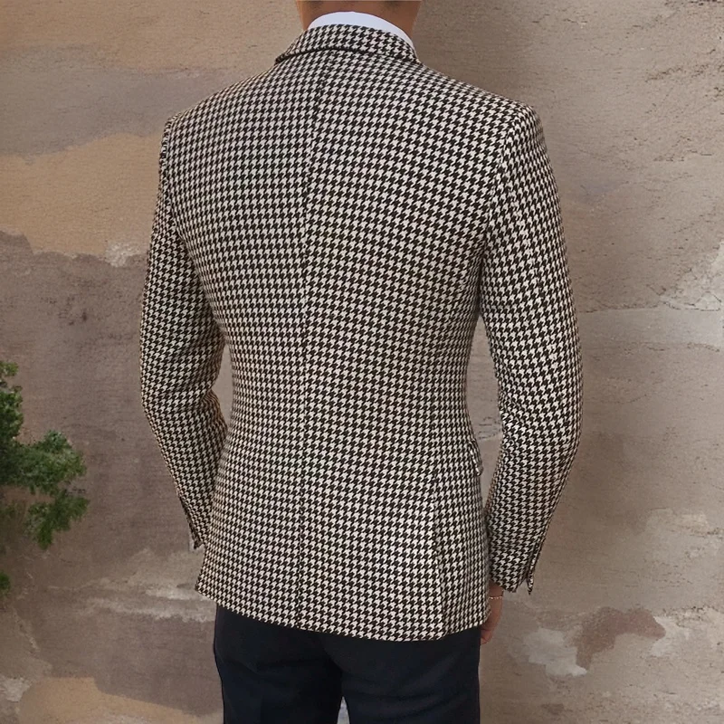 Houndstooth Plaid Blazer for Men One Piece Suit Jacket with 2 Side Slit Slim Fit Casual Male Coat Fashion Clothes 2024
