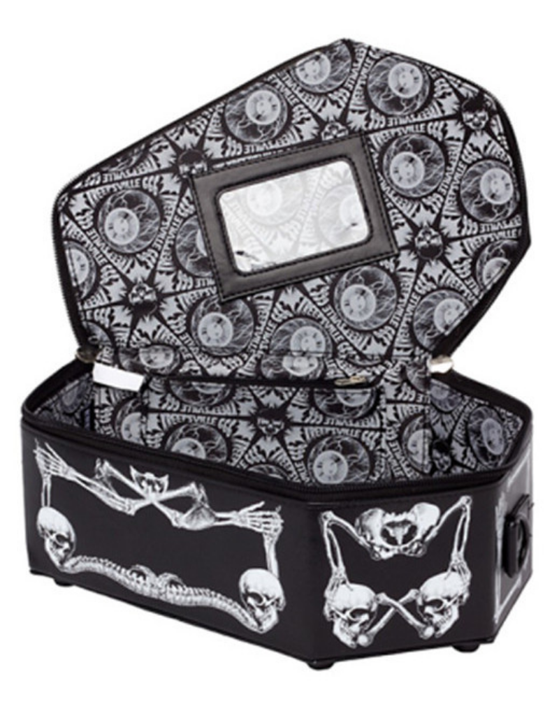 Skeleton Coffin Bag Gothic Bat Single Shoulder Bag Black PU Leather Purse Crossbody Bag