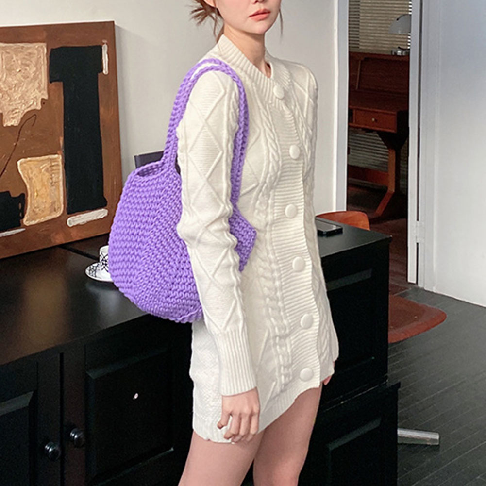 Vintage Weaving Shoulder Bag Ladies Shopping Bags Korean Style Knitting Handbags Casual Soft Elegant Bucket for Seaside Vacation