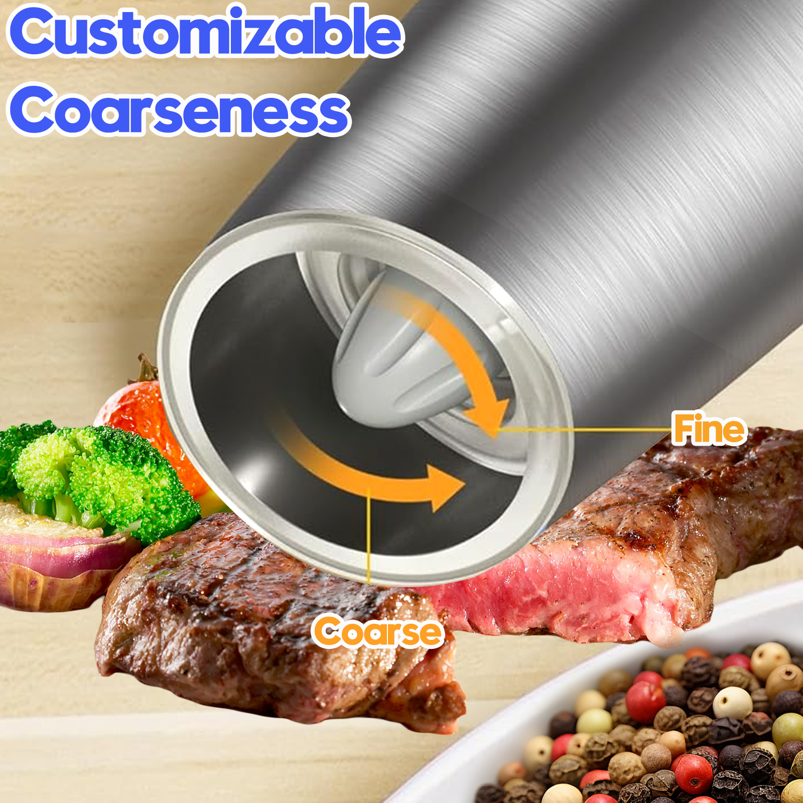 2 gravity electric salt and pepper grinders with adjustable roughness, battery powered LED lights, one handed automatic operation
