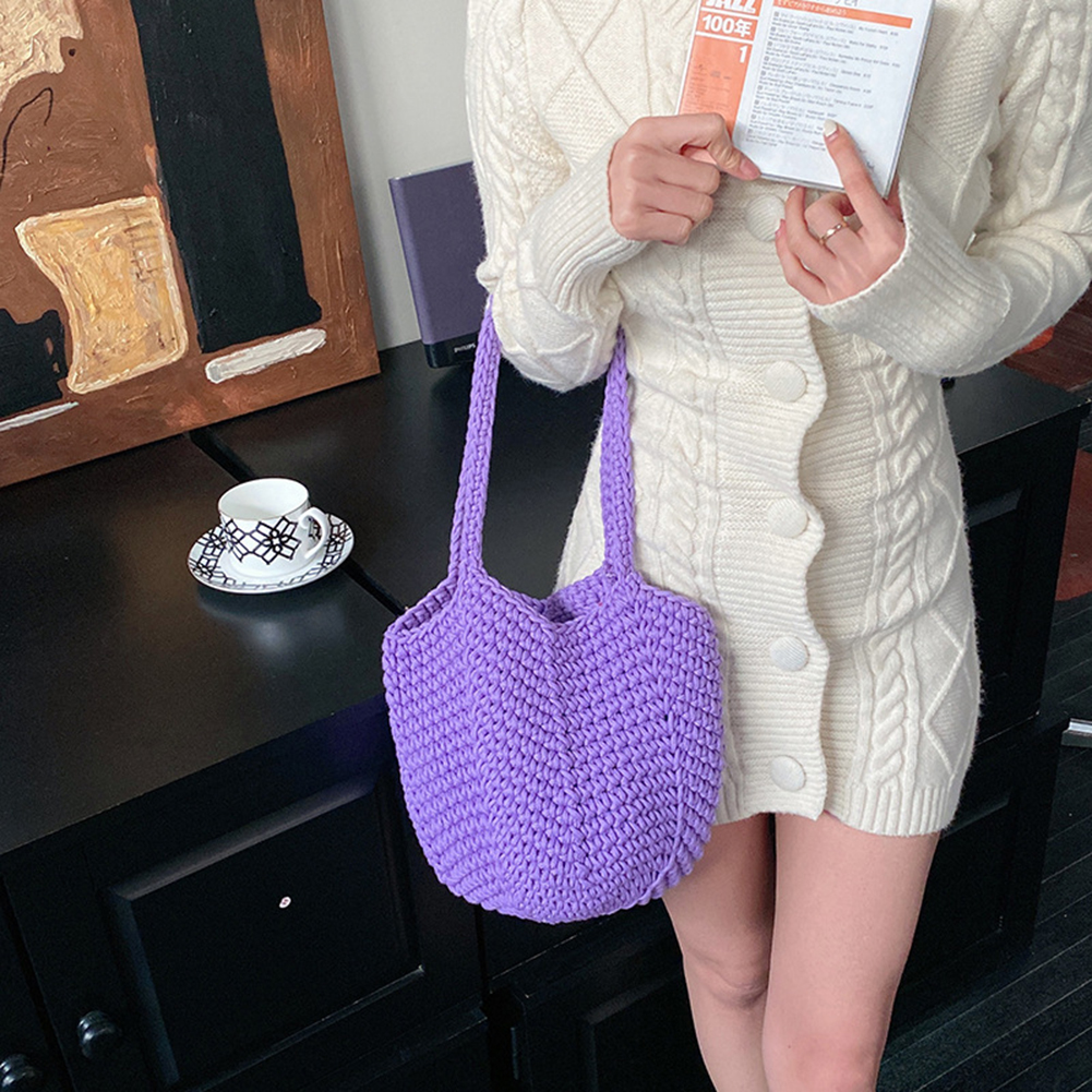 Vintage Weaving Shoulder Bag Ladies Shopping Bags Korean Style Knitting Handbags Casual Soft Elegant Bucket for Seaside Vacation