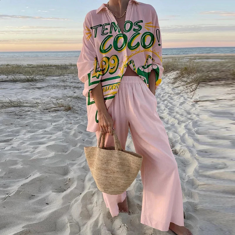 Leisure Hawaiian Beach Vocal Set Womens Button Long Sleeve Shirt Top and Elastic Waist Pants Banana Fashion Two Piece 240810
