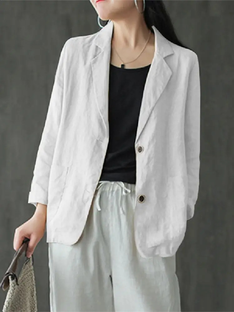 ZANZEA Autumn Fashion Work Blazer Lapel Neck Long Sleeve Suits Women Casual Solid Cotton Elegant Thin Cardigan Coats 240801