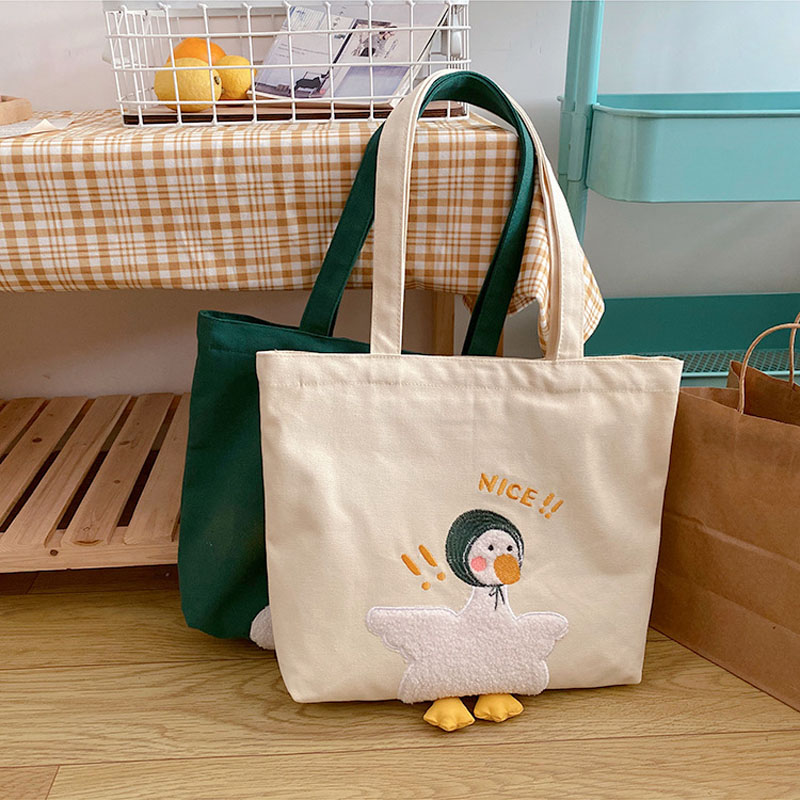 Hylhexyr ins Duck Embroidery Canvas Tote Bag 2020 New Soft Large Shoulder Work Bags Handbag for Women And Girl Shopping Bags