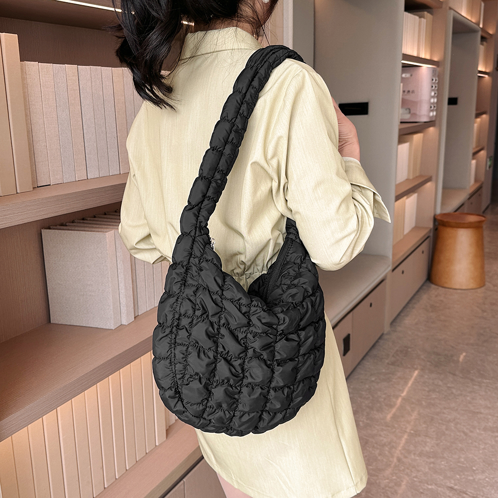 Quilted Crossbody Bag for Women Pleated Handbags Padded Cloud Shoulder Bags Ruched Bubbles Tote Bag Nylon Casual Messenger Bag