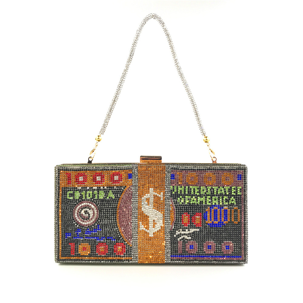 1pcs Money Clutch Rhinestone Purse 10000 Dollars Stack Of Cash Evening Handbags Shoulder Wedding Dinner Bag 2 Chains A75469