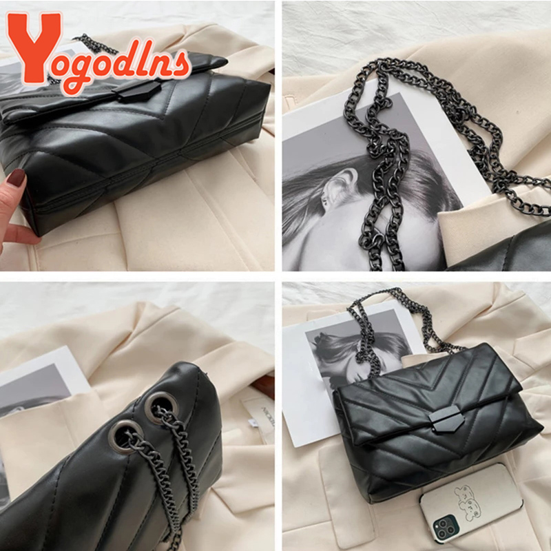 Yogodlns Thread PU Leather Crossbody Women Fashion Chain Messenger Shoulder Bags Female Large Capacity Lady Handbag