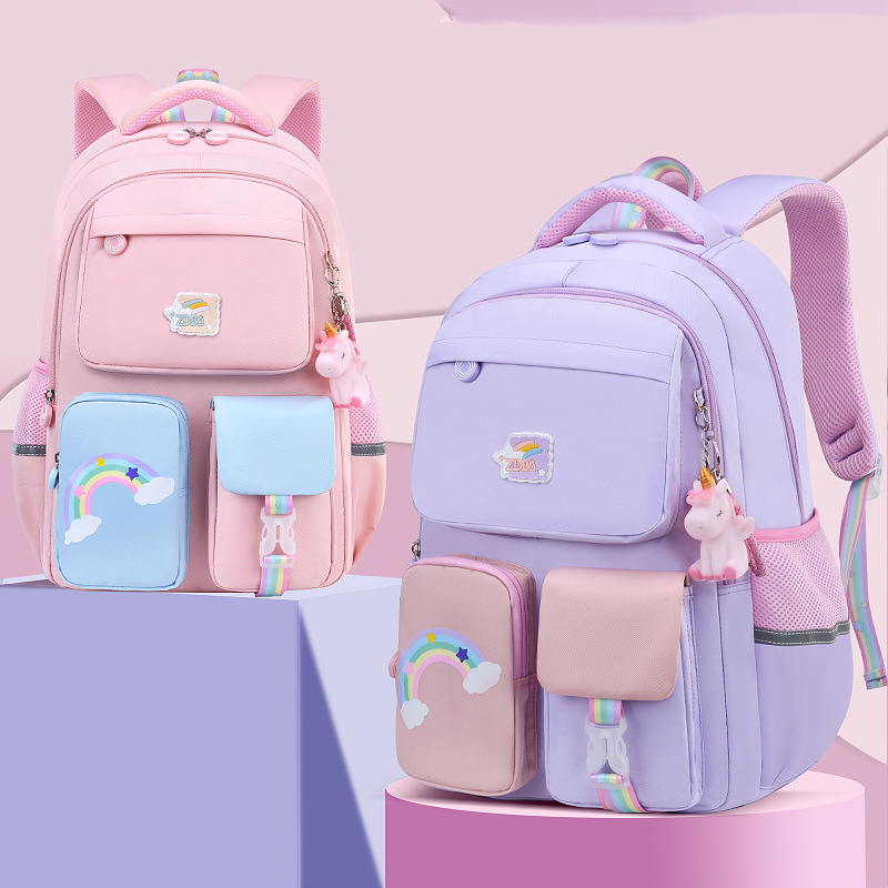 Fashion Kids School Backpack with Rainbow Shoulder Strap Waterproof Lightweight Girls School Bag Trendy Children Bookbag Mochila for Teenagers
