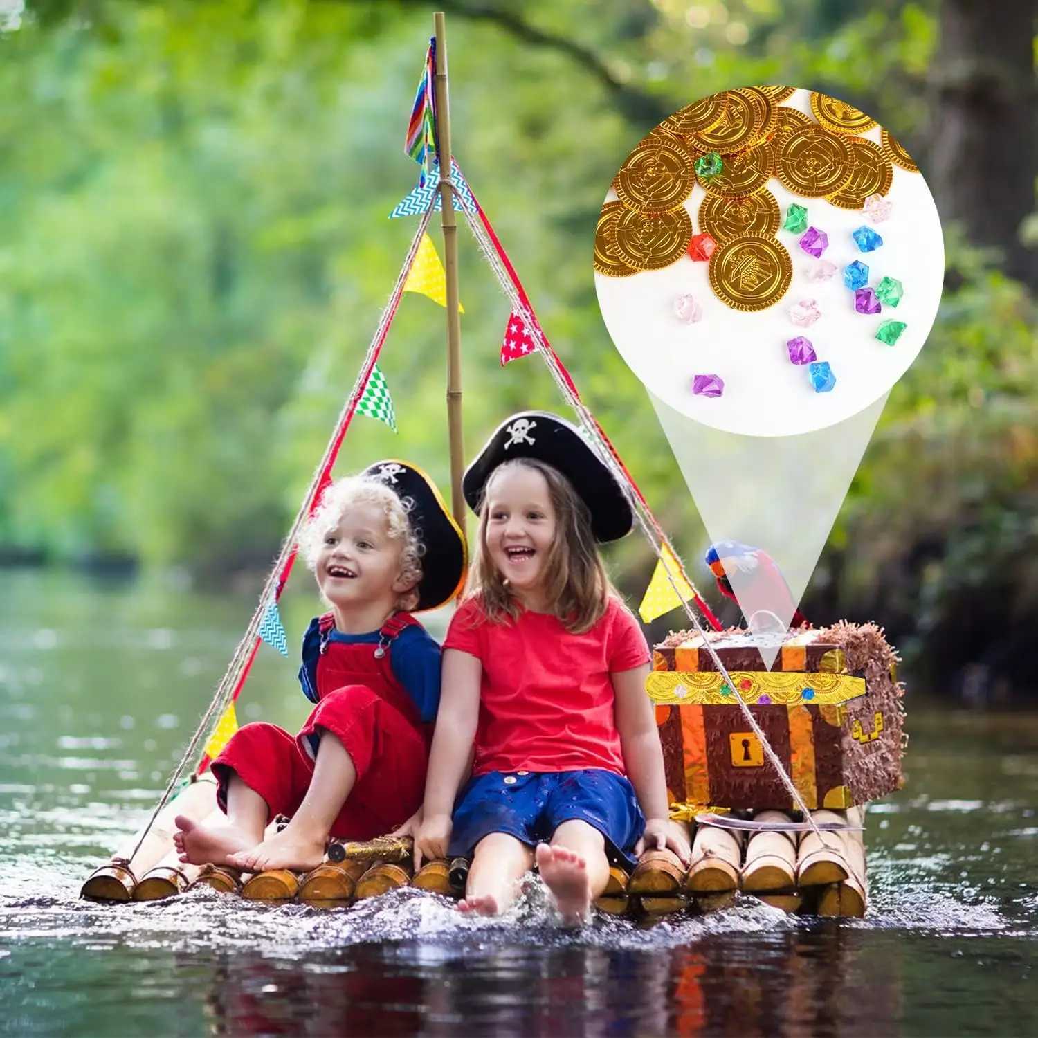 101 Pieces Pirate Treasure Chest Toy Box Gold Coins And Pirate Gems Jewelry Pirate Captain Cosplay Costume Props Halloween Decor Y240801