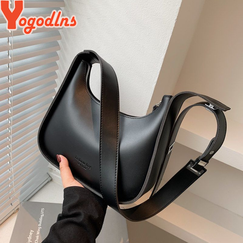 Yogodlns Vintage Half-moon Shoulder Bag For Women Soft Leather Underarm Bag New Crossbody Handbag Luxury Brands Armpit Bag