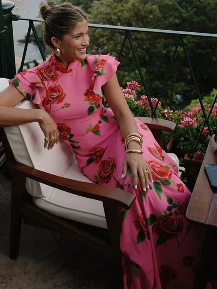 Elegant Print Party Dress Women Sexy Slim Hip Package Maxi Female Dresses Fashion Short Petal Sleeve Rose Lady Evening Robe 240801