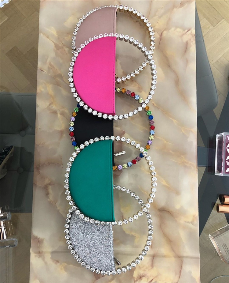 Colour Diamond Circular Evening Bag Women New Round Handle Rhinestone Dinner Clutch Purse Ladies Half Moon Handbag Fashion