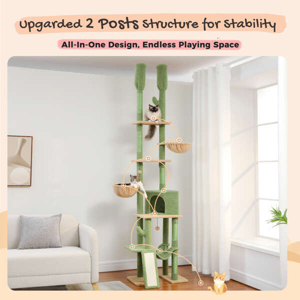 Cactus tree or standing tower, adjustable height (85-112 inches), 7-story climbing activity center, equipped with comfortable hammoc, 5 platforms, and