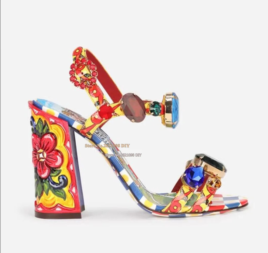 Mixed color crystal block heel floral print short and chubby heel diamond sandals womens fashionable beach high heels summer shoes 240731