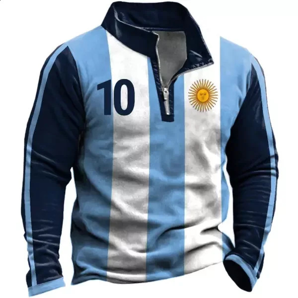 Argentina Flag Sweatshirt Mens Casual Half Zipper Sweatshirt Stand Collar Jacket Fashion Long Sleeve POLO Shirt Flag 3D Hoodie 240802