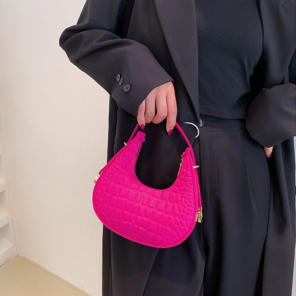 Crocodile Grain Women Handbag Solid Color Casual Mini Underarm Bag Female Cute Felt Shoulder Pouch Female Half Moon Tote Bags