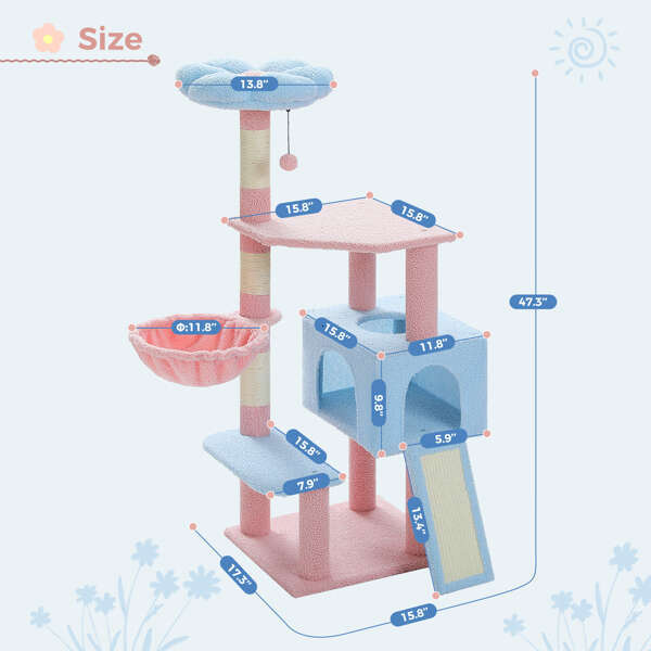 wer Tree 47.2-inch Multi story Tower, Scratching Pillar Covered with Sisal, Cute Cat Apartment, Suitable for Indoor Small and Medium sized Cats, Pink 