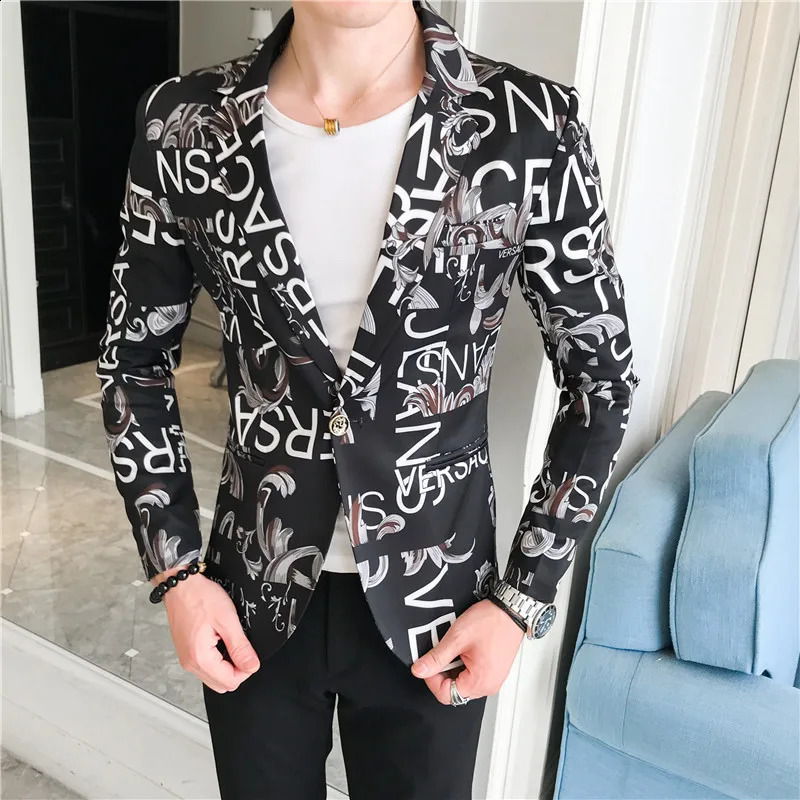 spring and autumn mens personality trend printing slim button suit trendy small suit jacket men 240802