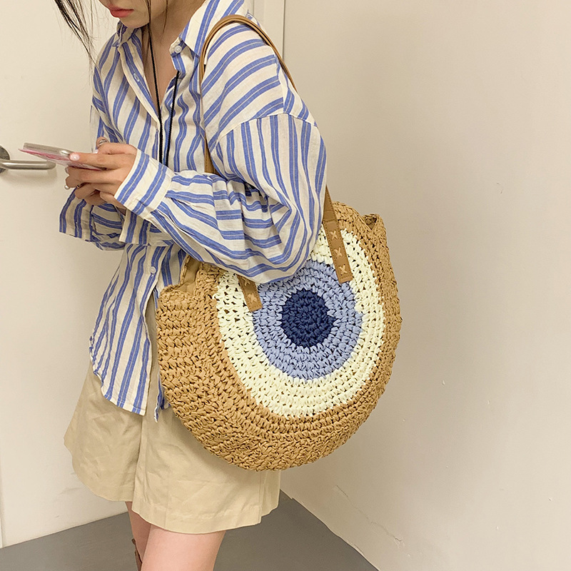 Large Capacity Round Women Fashionable Straw Woven Shoulder Bag Handmade Summer Beach Travel Holiday Women Tote Bags