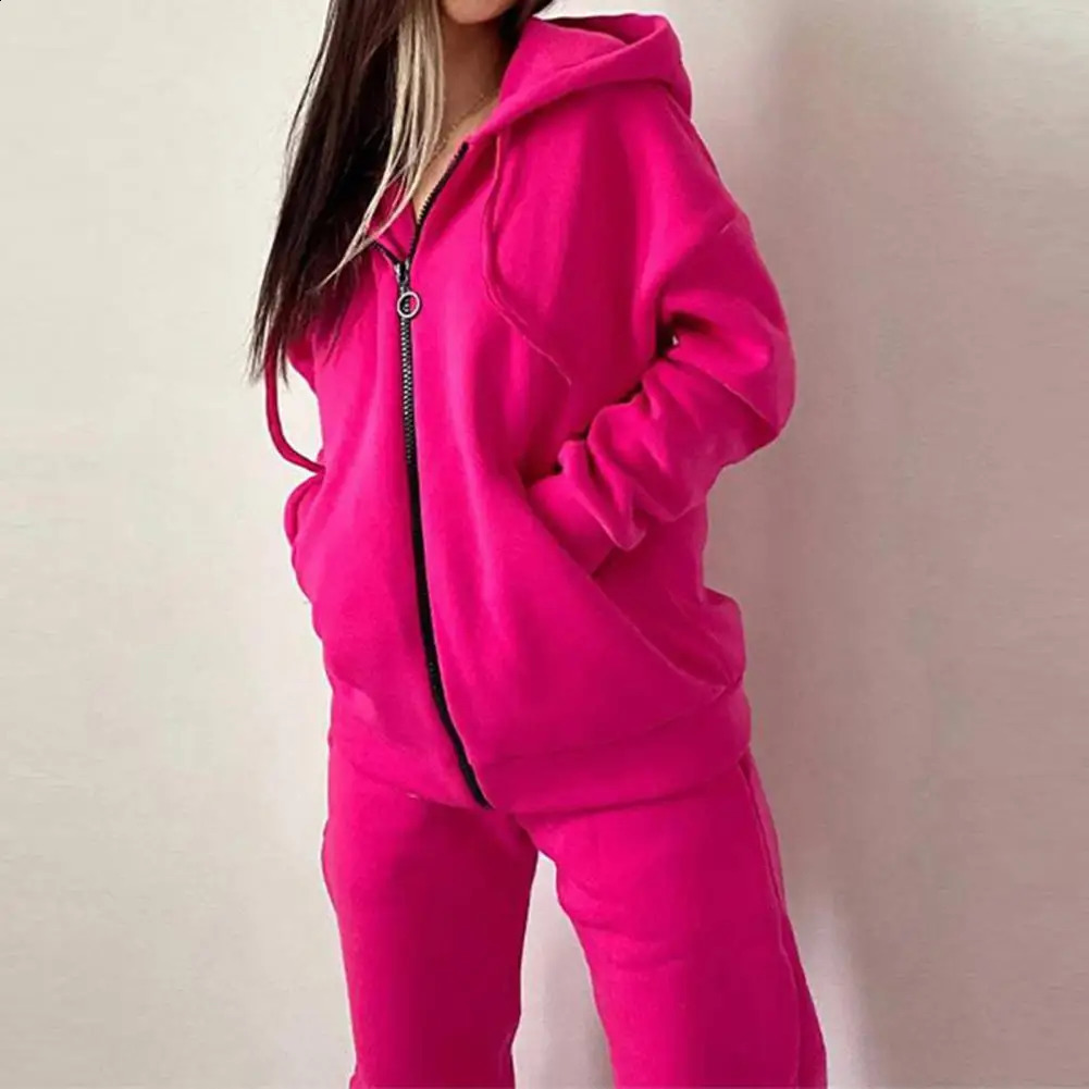 2 piecesset womens outerwear pants set loose hoodie solid color long sleeved cardigan wool sweater warm casual sportswear tight fitting jumpsuit 24082