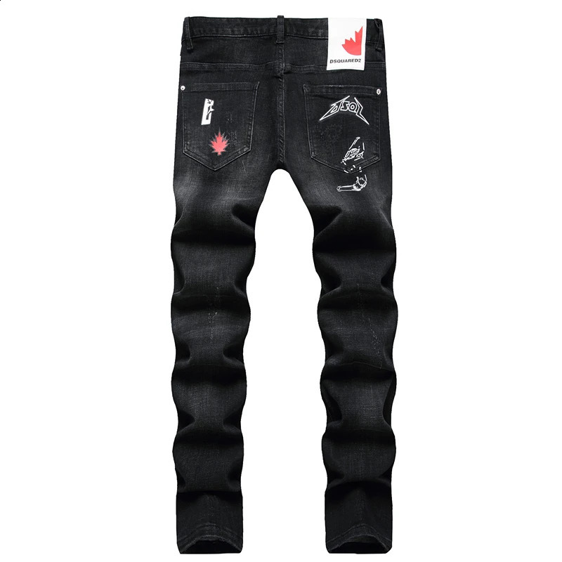 Black digital printed fashionable torn jeans with embroidered letters and rhinestones mid waist casual jeans 240829