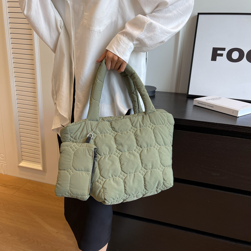 Down Feather Padded Shoulder Bag Set For Women 2023 Luxury Designer Handbags Embroidery Thread Plaid Large Capacity Shopper Tote