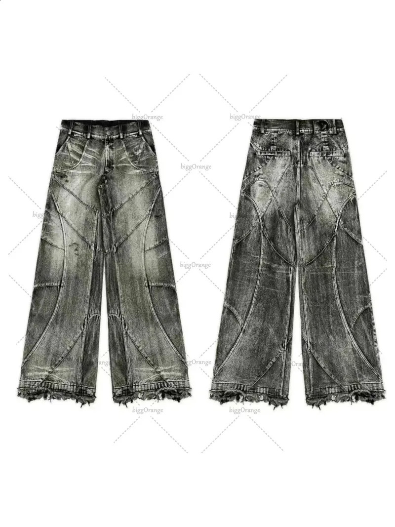 Y2K Jeans For Men and Women Street Heavy Industry Wavy Pattern To Make Old Holes Loose Punk Hip-hop Washing Men Mop Pants 240808