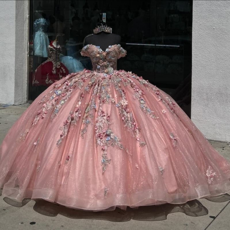 Pink Shiny Quinceanera Dress Ball Gown Off The Shoulder Applique Lace Beads Tull Sequins Bridal Sweet 16 Vestidos 15 De Novia