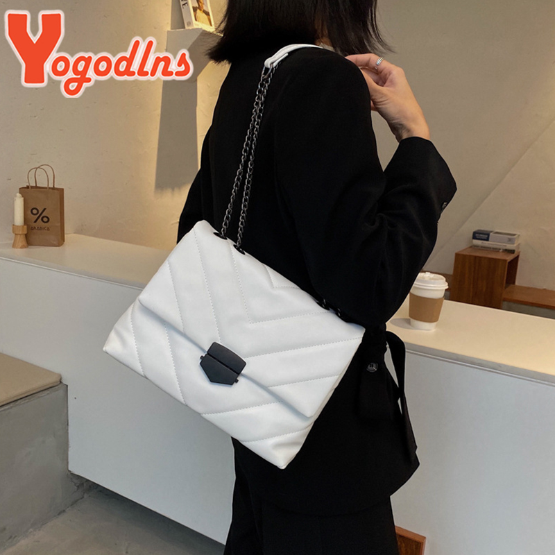 Yogodlns Thread PU Leather Crossbody Women Fashion Chain Messenger Shoulder Bags Female Large Capacity Lady Handbag