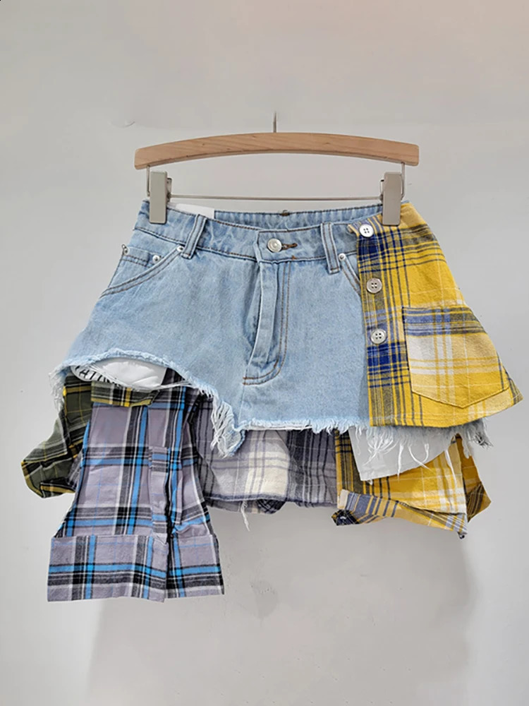 DEAT Womens Denim Leather Colorful Checkered Splicing Work Irregular Deconstruction Aline High Waist Mini Skirt 2024 Summer Fashion 240729