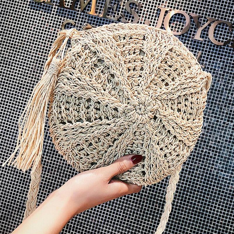 Casual Ladies Shoulder Bag New Street Round Rattan Wicker Woven Zipper Summer Beach Fashion Women Handbag