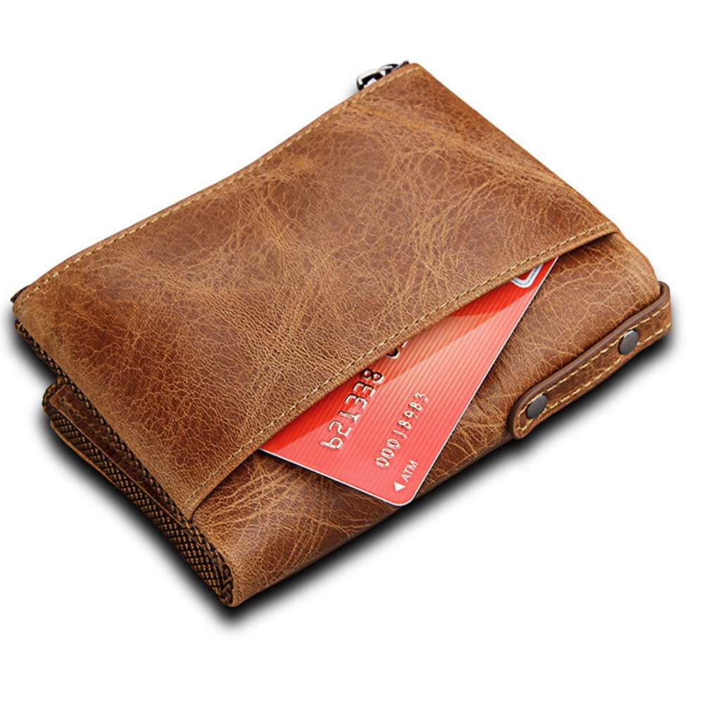 Genuine Cow Leather RFID Men Wallets Double Zipper Short Purses Card Holder Coin Pocket Vintage High Quality Brand Male Wallets