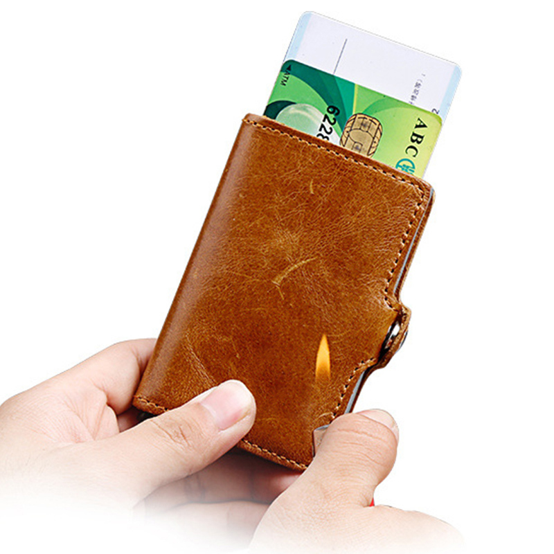 HUMERPAUL Hot Genuine Leather Credit Pop-up Card Holder Wallet Men Metal RFID Blocking Aluminium Bussiness Bank Cardholder Case