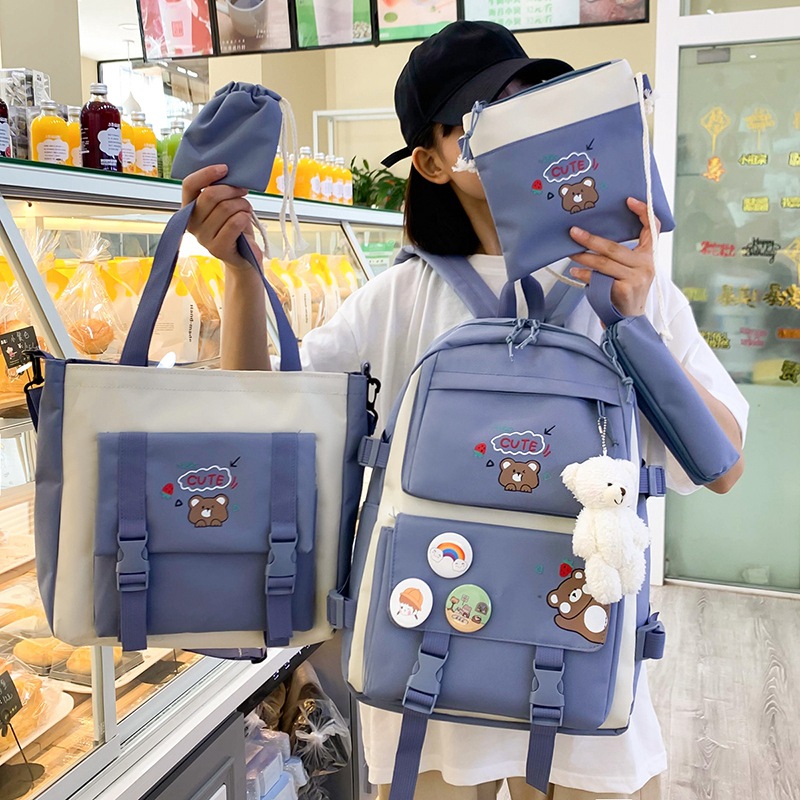 5pcs Ins High Capacity Canvas Student Backpack School Bags for Girls