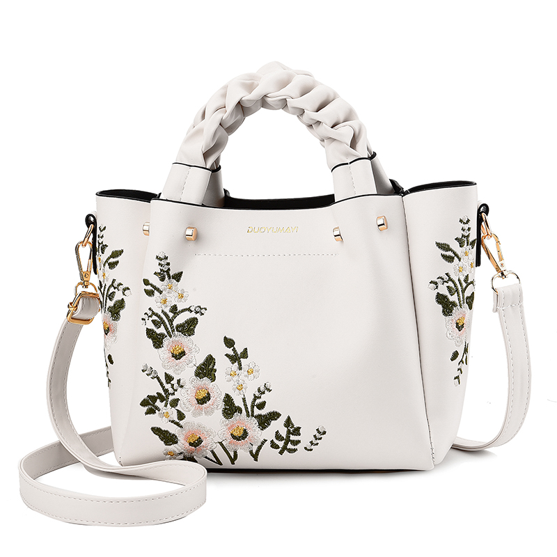 Weave handle Floral PU Leather Embroidery Women Handbags Brand Fashion Designer Ladies Bag Shoulder White Female Handbags