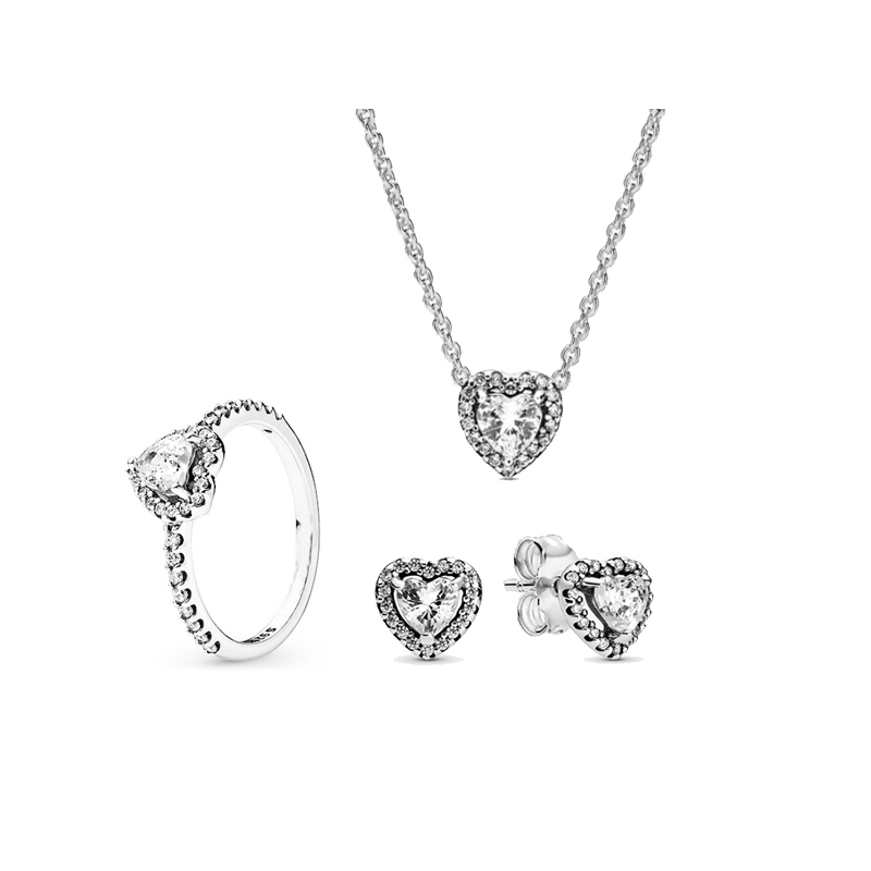 925 Silver Love Charm Necklace Ring Earrings Set Jewelry Dark Red Pink Romantic Valentine Day Women's Family Gift Personality
