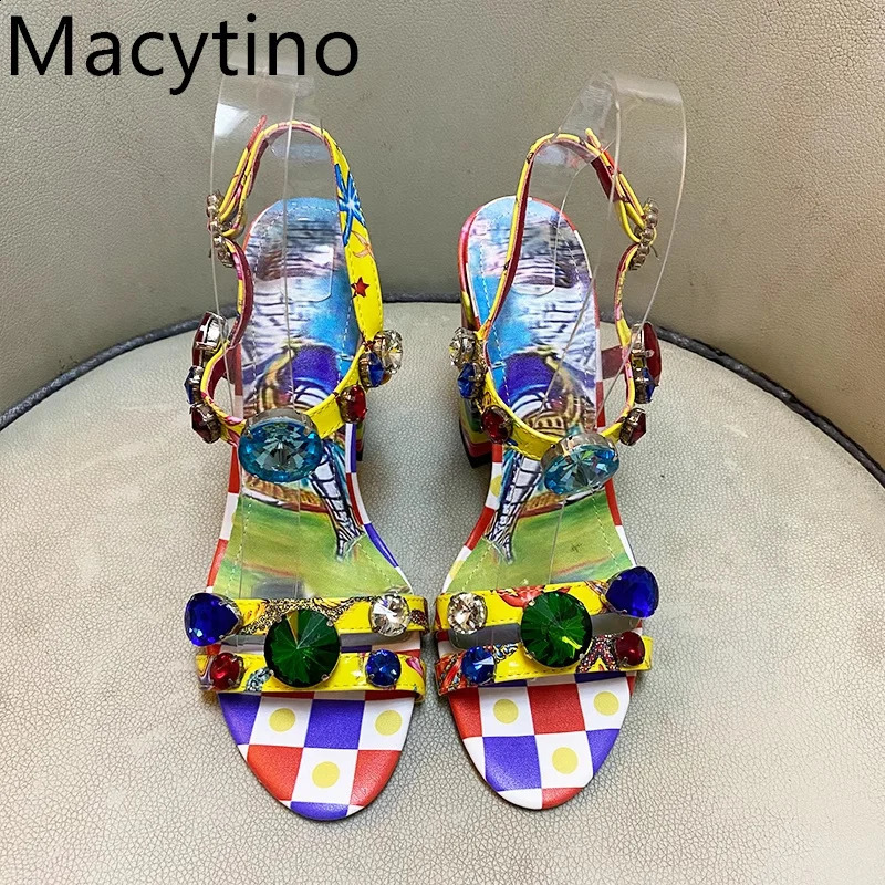 2024 Gemstone Decoration Printing Design Womens 14CM High Heel Sandals Round Shoe Blocks Fashion Party Shoes 240731