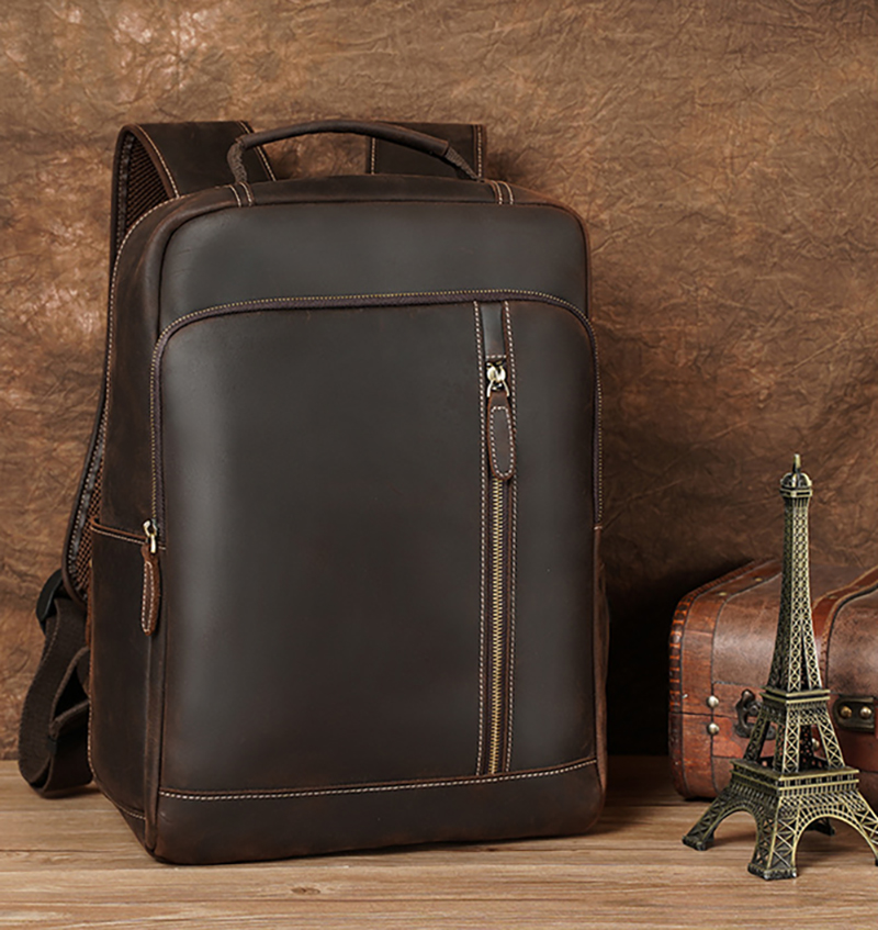Crazy Horse Leather Backpack For Men - 15.6 Laptop, Cowhide, Large Capacity, Travel Daypack With USB Cable New Free Delivery Designer Bag