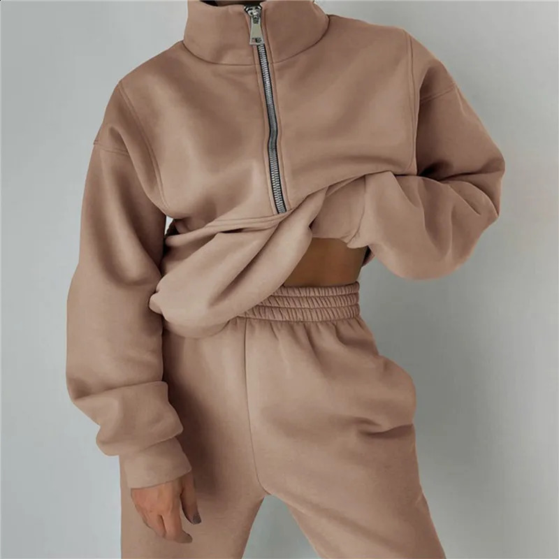 2piece thick womens track suit autumn and winter warm hooded top sports shirt jogging pants set 240821