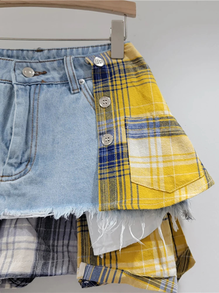 DEAT Womens Denim Leather Colorful Checkered Splicing Work Irregular Deconstruction Aline High Waist Mini Skirt 2024 Summer Fashion 240729