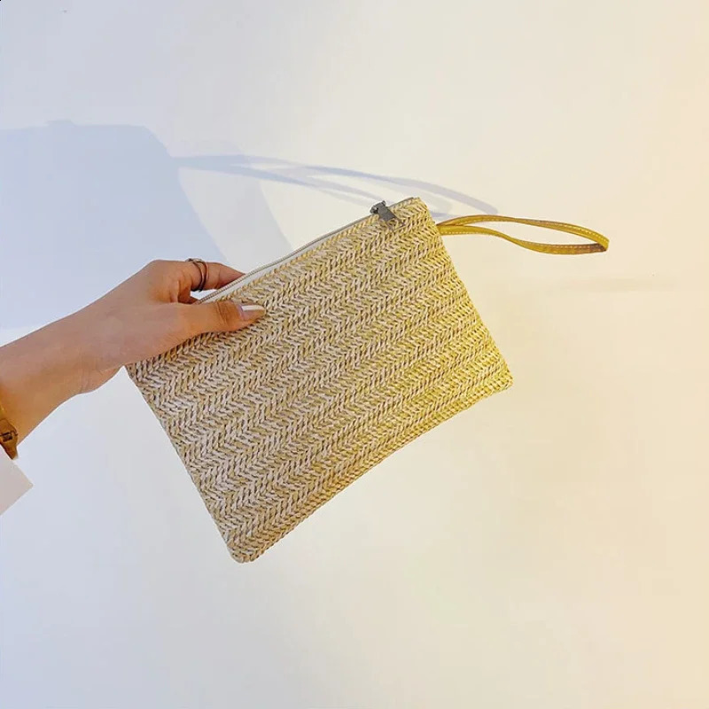 Women Clutch Bag Handmade Backpack Fashion Ladies Wristlet Girl Phone Solid Straw Woven Coin Purse Beach Wallet Fresh Sweet 240801