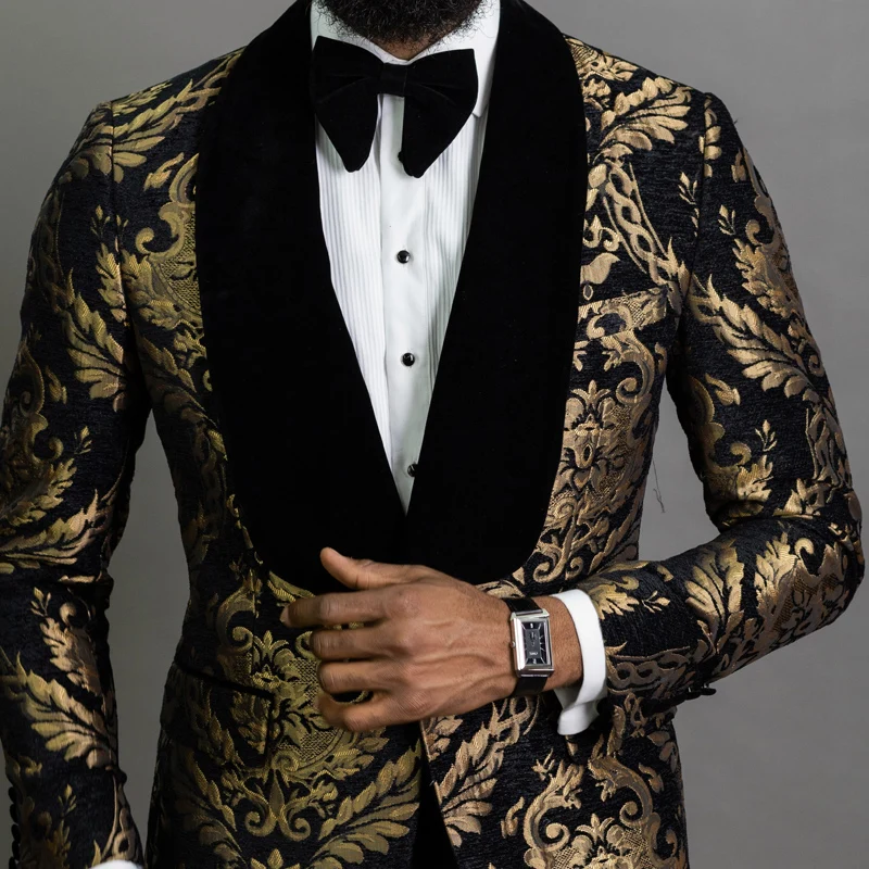 Floral Jacquard Blazer for Men African Fashion Slim Fit Male Suit Jacket with Velvet Shawl Lapel for Wedding Prom Groom Tuxedo Jacket
