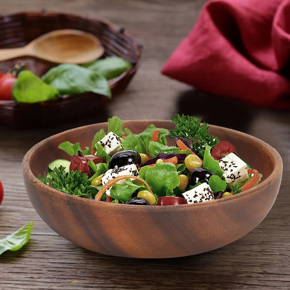 Wooden salad bowl circular dessert display supply tray fruit snack home coffee shop service 240801